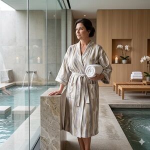 NWT NATORI Women's 2X Belted Robe Abstract Gray Tan White 2 Pockets Cotton #697